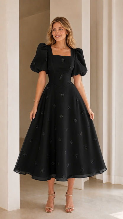 Black square neck puff sleeve embroidered A-line midi dress