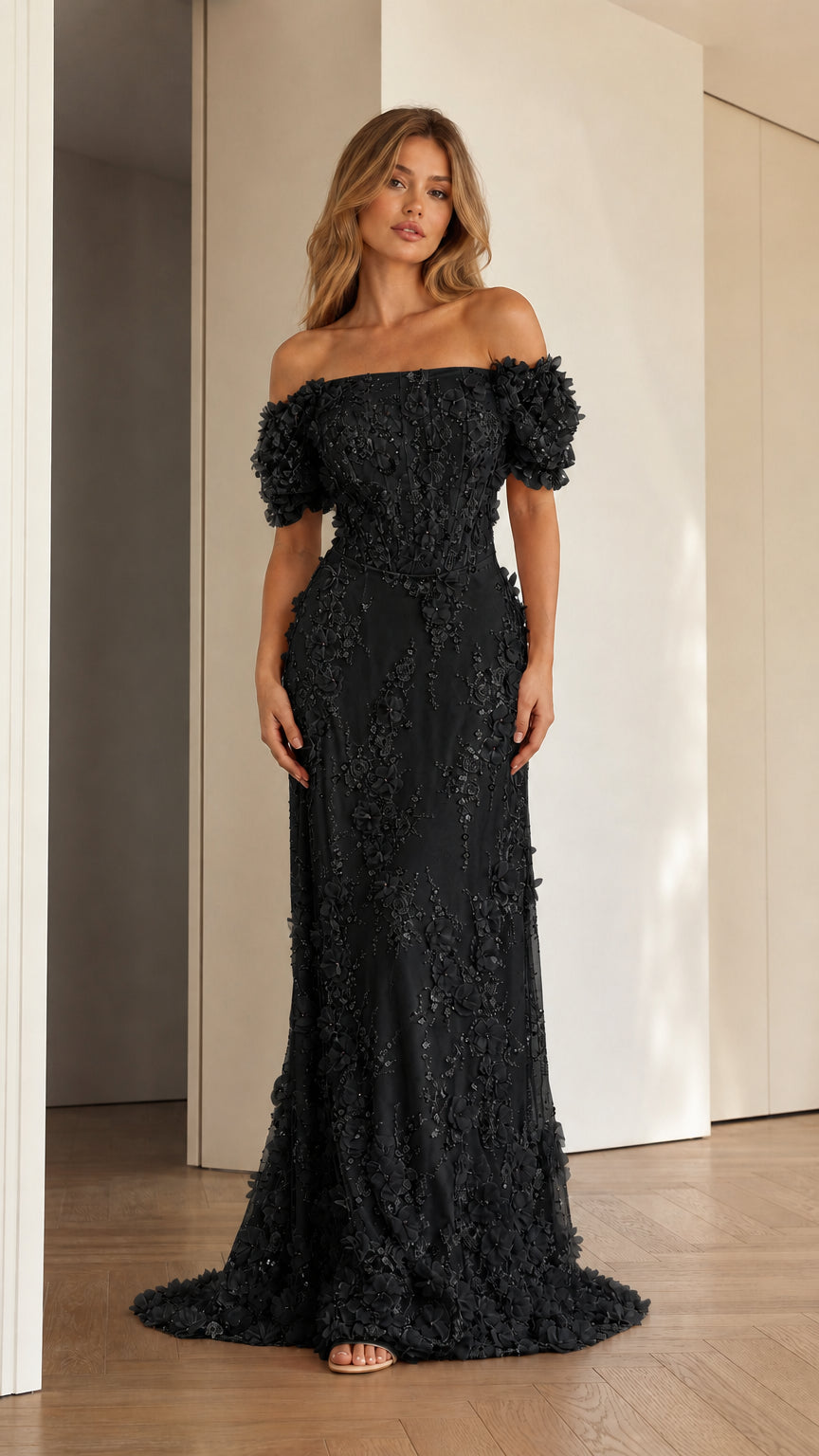 Black off-the-shoulder 3D floral sequin evening gown