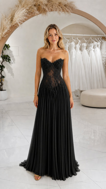 Front view of black strapless sweetheart lace bodice pleated evening gown