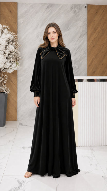 Black velvet embellished bow neckline long sleeve maxi dress