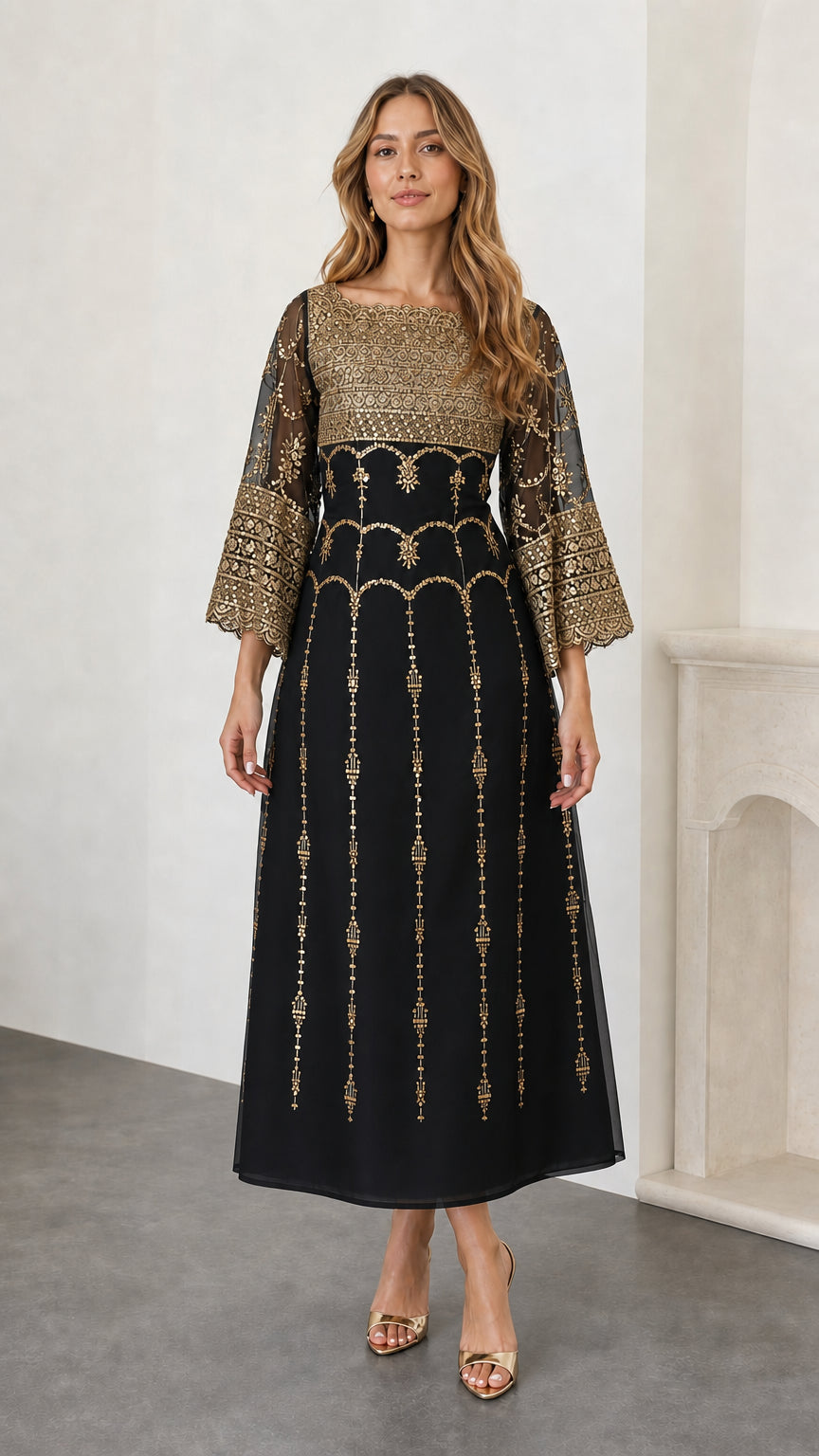 Front view of black formal evening dress with gold sequin accents