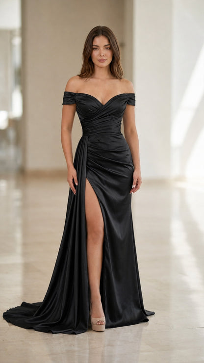 Front view of black off-the-shoulder ruched satin evening gown
