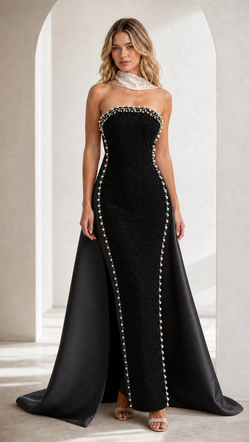 Black pearl-embellished column evening gown with satin train
