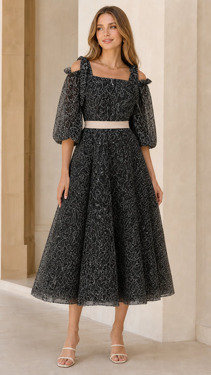 Black embroidered lace cold-shoulder midi dress