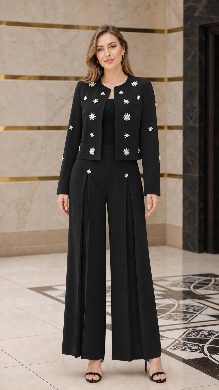 Model wearing black star-embellished cropped jacket and wide-leg pant set