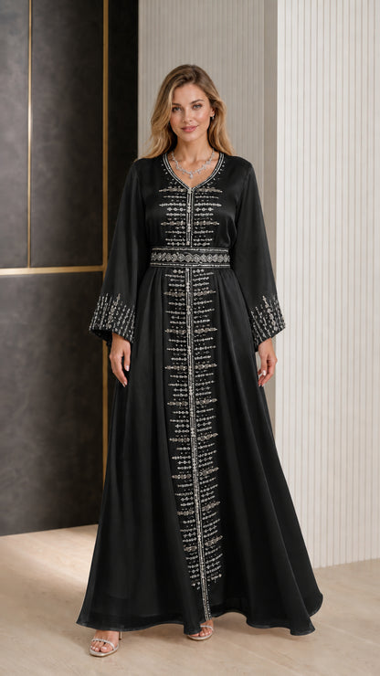 Front view of Black embroidered satin kaftan maxi dress