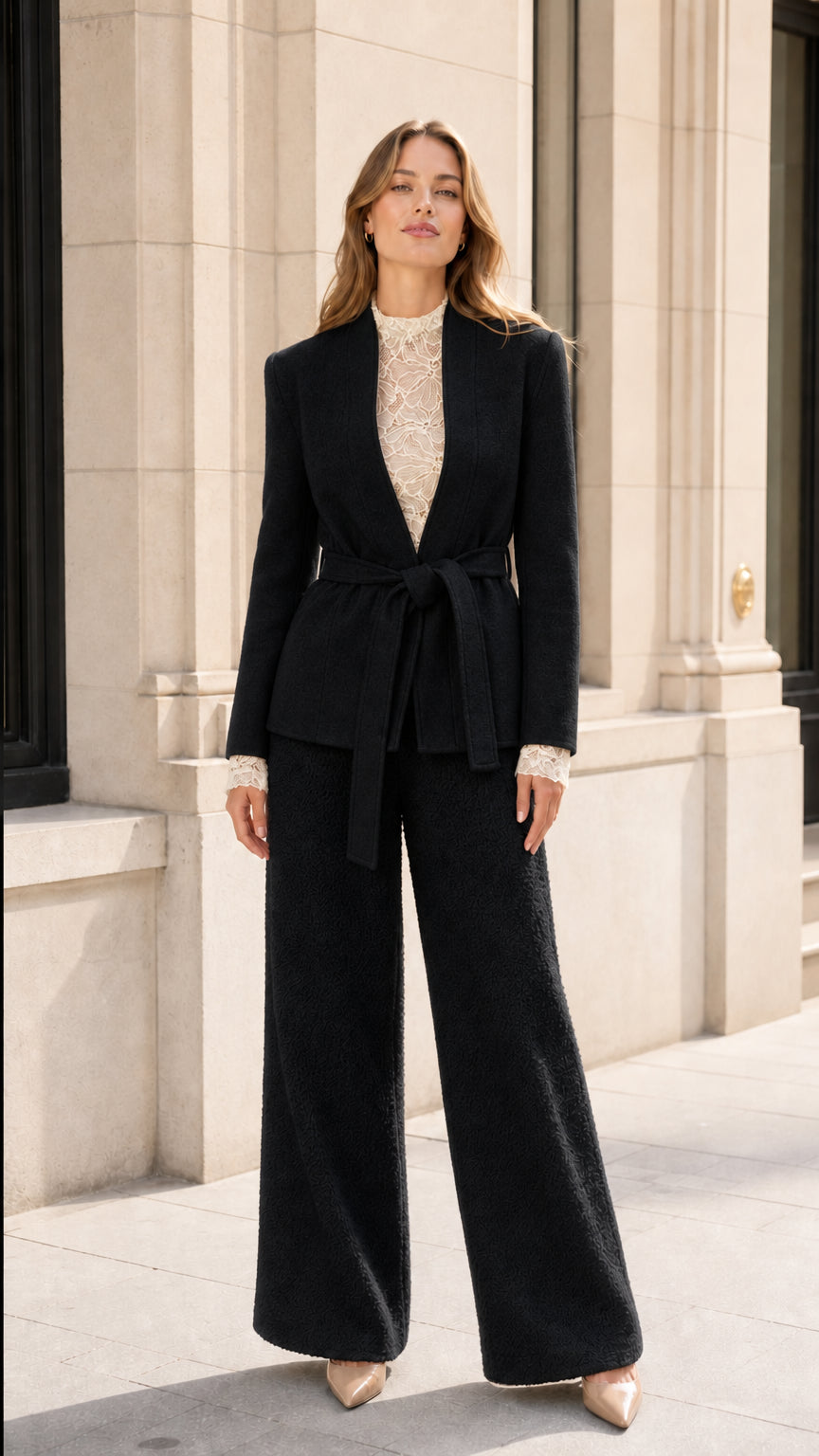 Front view of model wearing the tailored two-piece suit set in Black