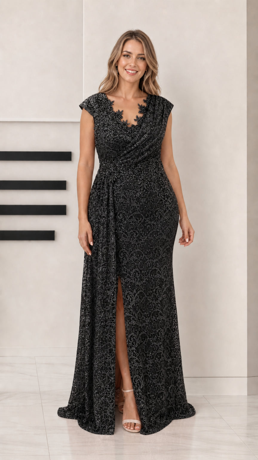 Front view of woman wearing black sequin lace evening gown with draped neckline and front slit