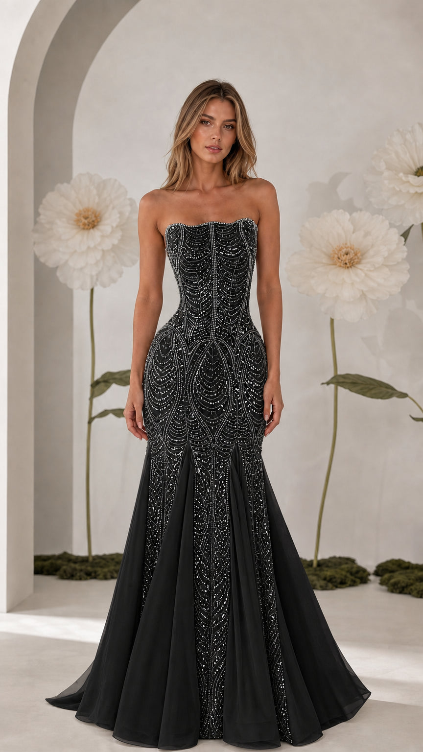 Front view of strapless black beaded mermaid evening dress