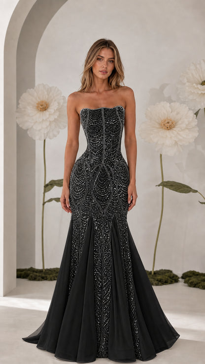 Front view of strapless black beaded mermaid evening dress