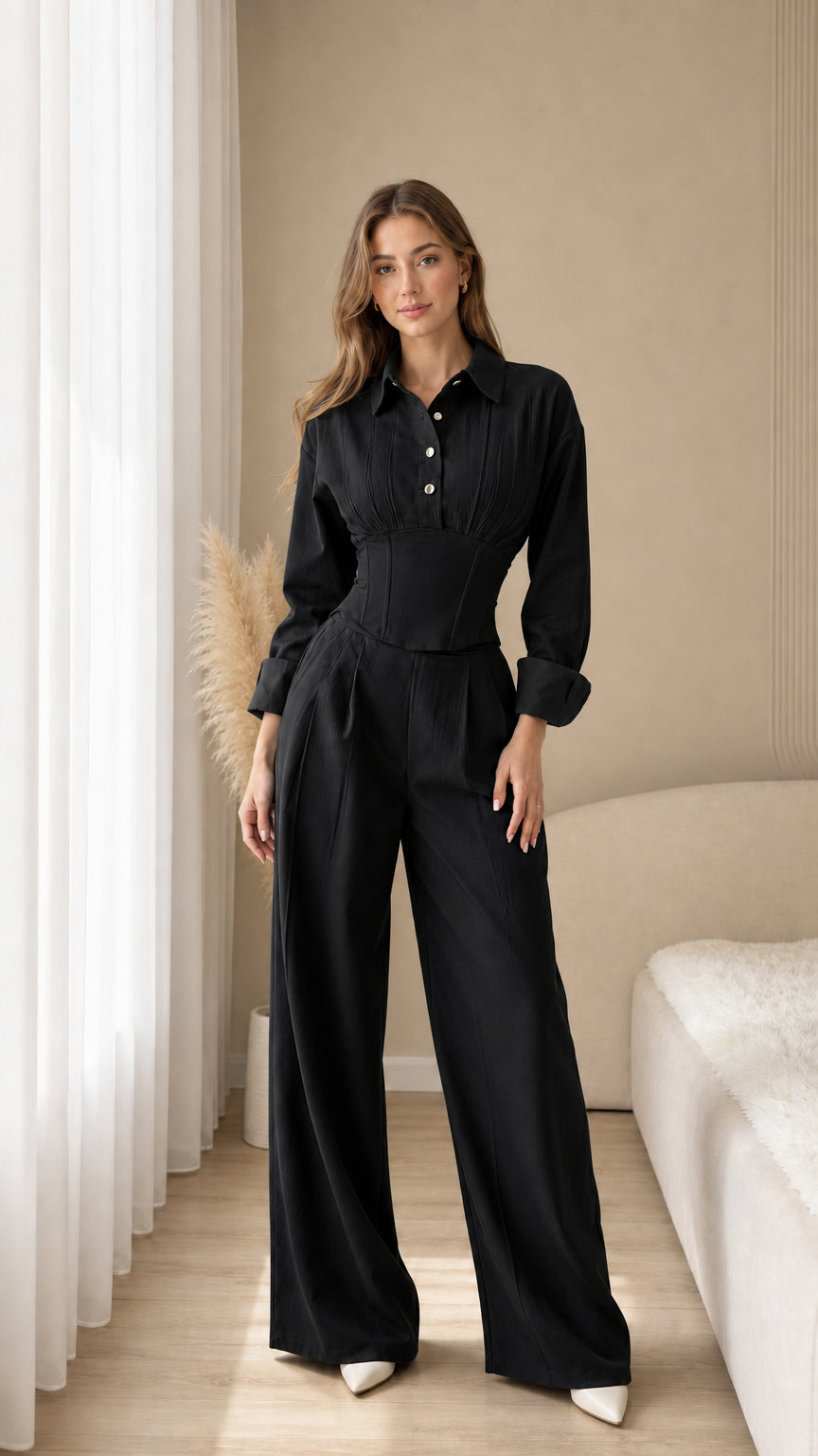 Full-length view of black corset waist shirt and matching wide-leg trousers