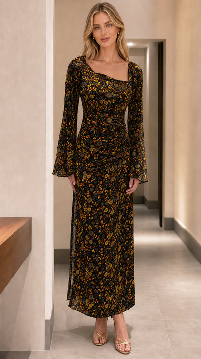 Black floral ruched long sleeve maxi dress with asymmetrical neckline