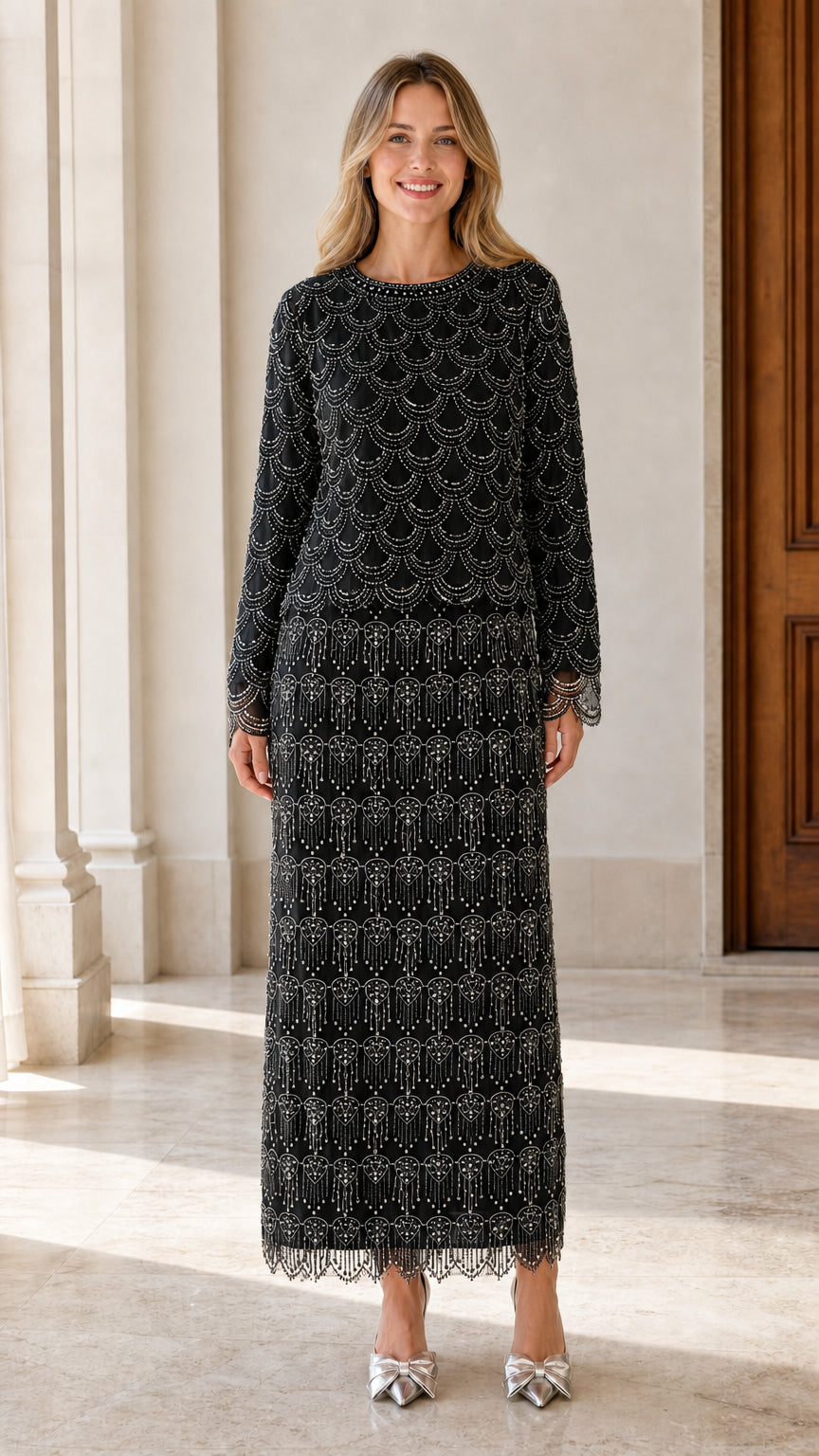 Full length black scalloped beaded long sleeve evening maxi dress