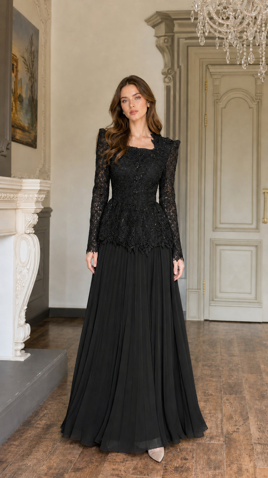 Full-length view of Black lace peplum evening gown with long sleeves and pleated maxi skirt
