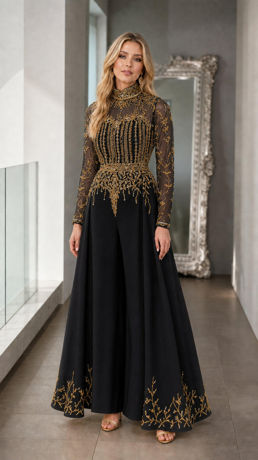Full-length view of black wide-leg evening jumpsuit with gold sequined bodice