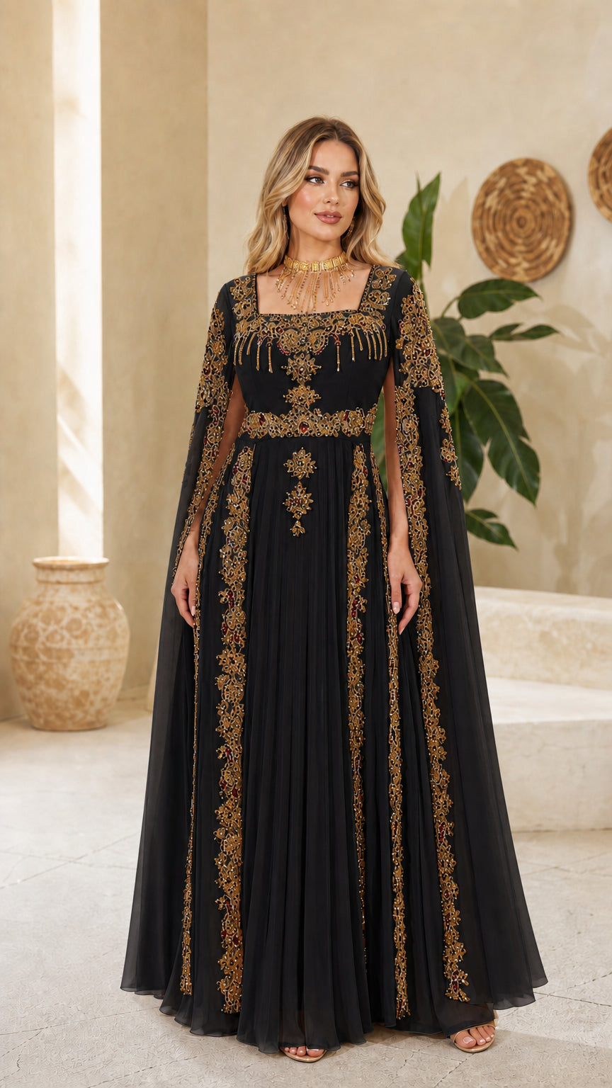 Model wearing black embellished cape sleeve evening gown with gold embroidery