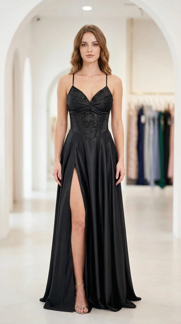 Front full-length view of black satin corset formal gown with high slit