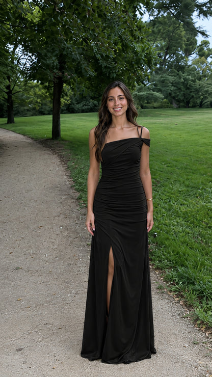 Model wearing the classic Black one-shoulder ruched formal maxi gown