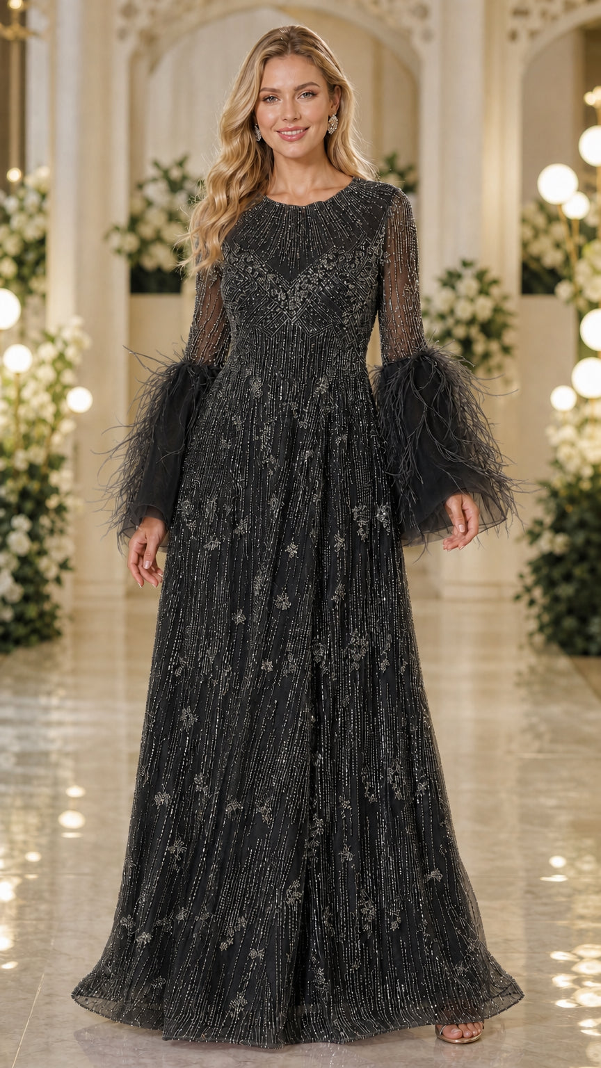 Black sequin beaded long sleeve evening gown with voluminous feather cuffs
