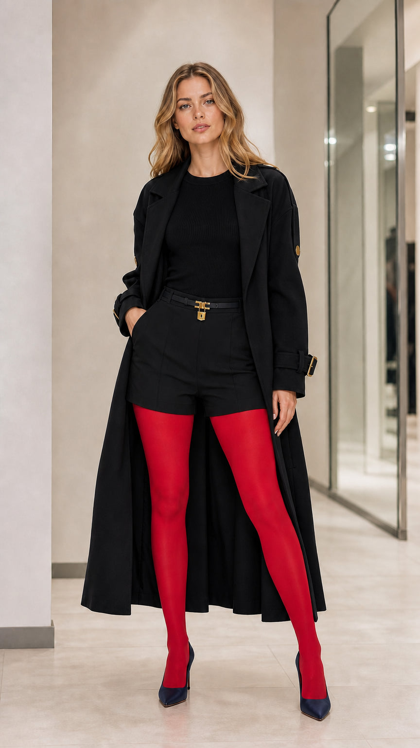 Full front view of model wearing Black longline belted trench coat