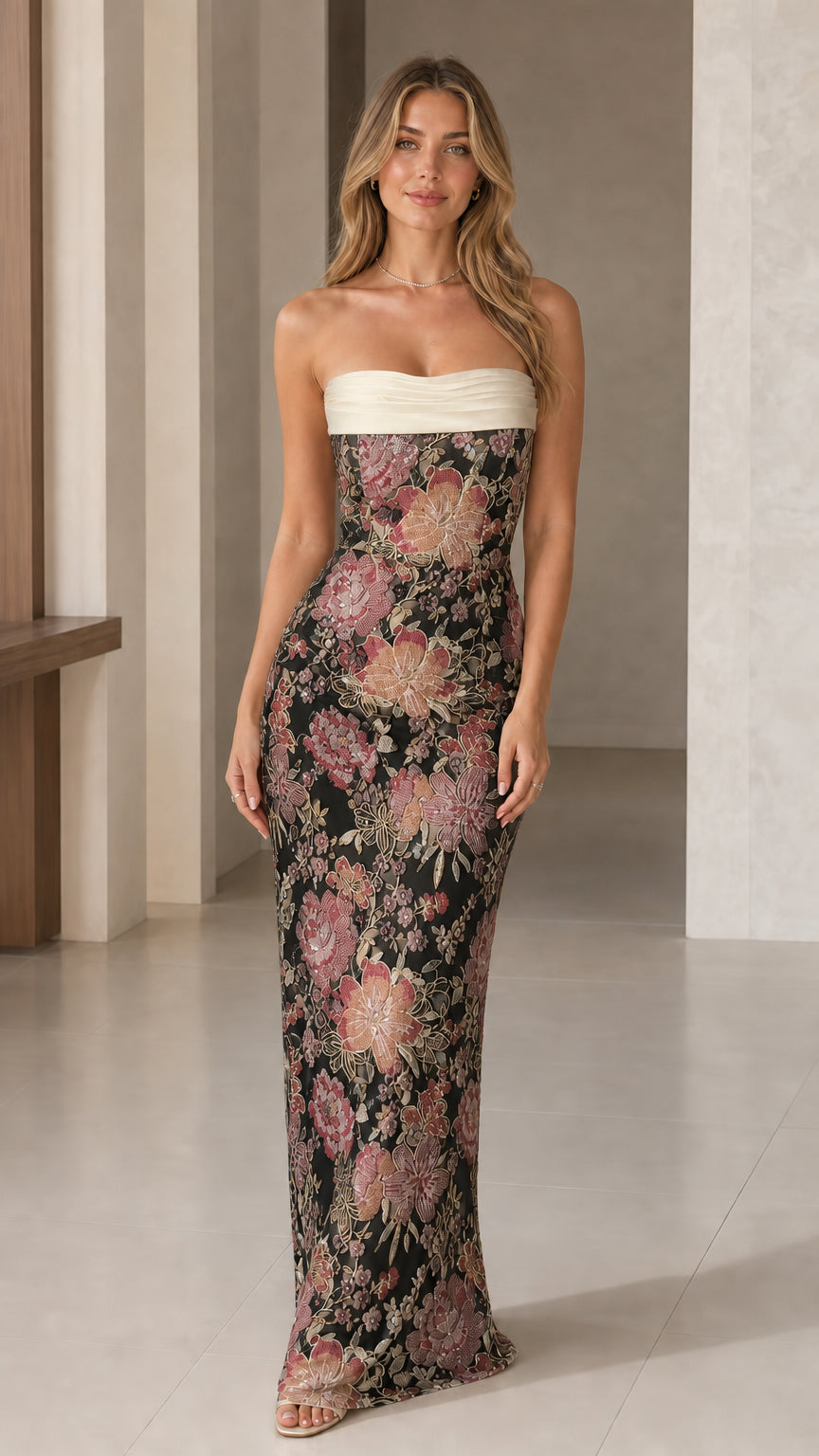 Black strapless floral embroidered maxi evening gown front view