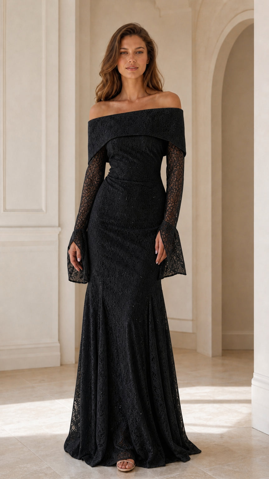Front view of model wearing Black off-the-shoulder lace evening gown