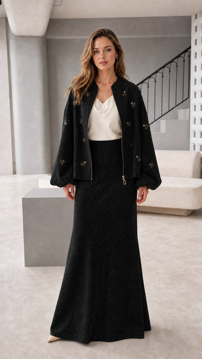 Women's embroidered jacket and maxi skirt set in black