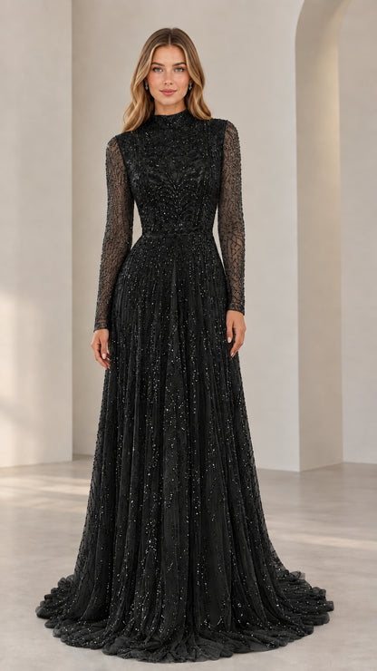 Woman wearing Black high neck beaded long sleeve formal evening gown