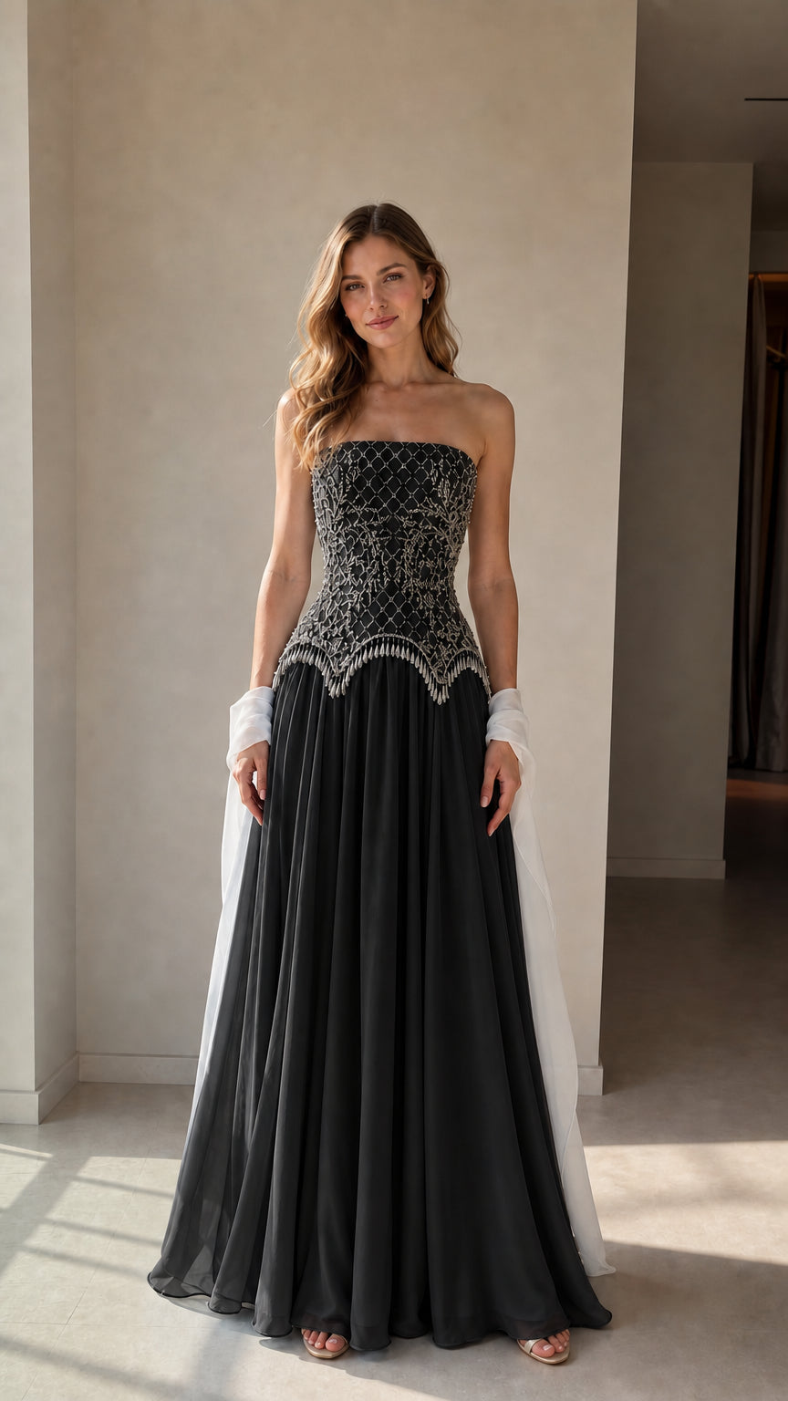 Model wearing black strapless beaded corset evening gown with white shawl