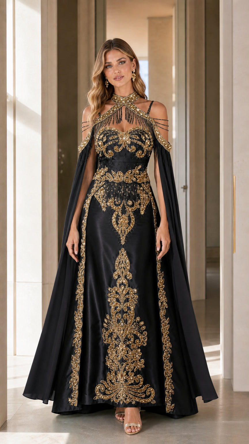 Black and gold embroidered cold-shoulder cape formal gown