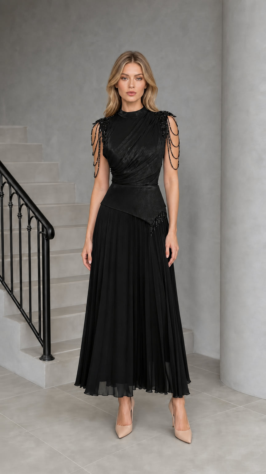 Classic Black Mock Neck Beaded Fringe Pleated Maxi Dress