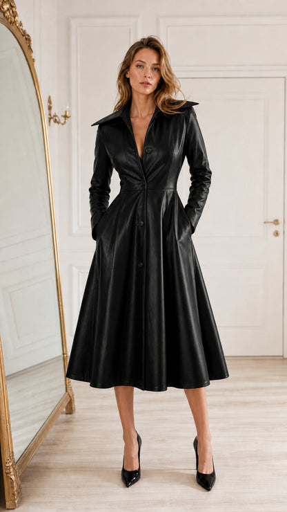 Front full-length view of woman wearing black faux leather fit and flare midi coat dress