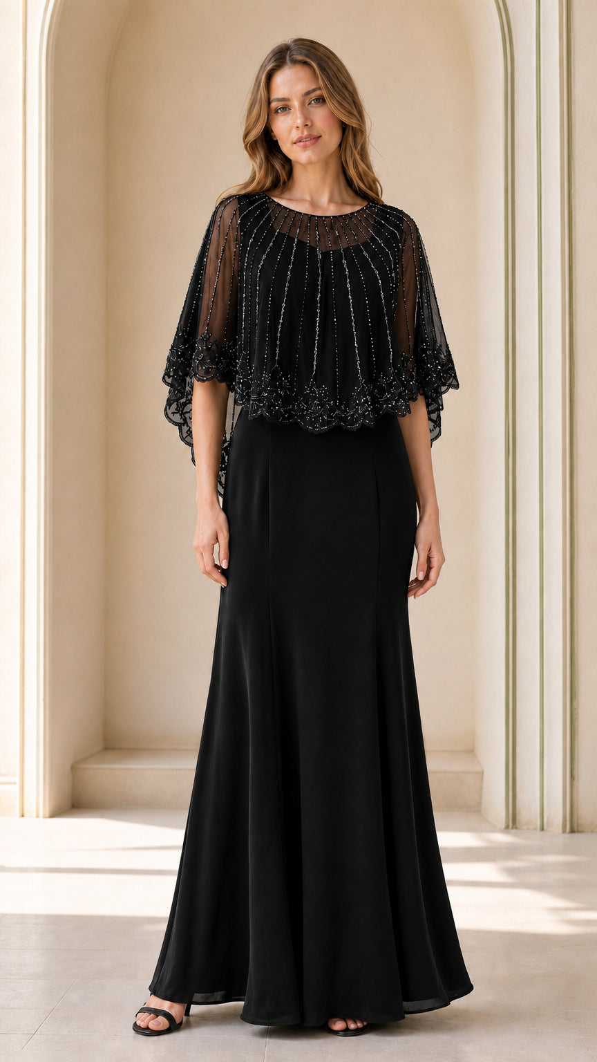 Full-length view of black beaded capelet evening dress