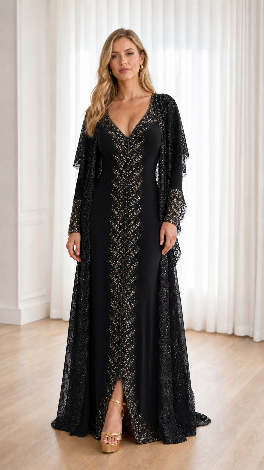 Black sequin embroidered evening gown with matching sheer lace duster jacket