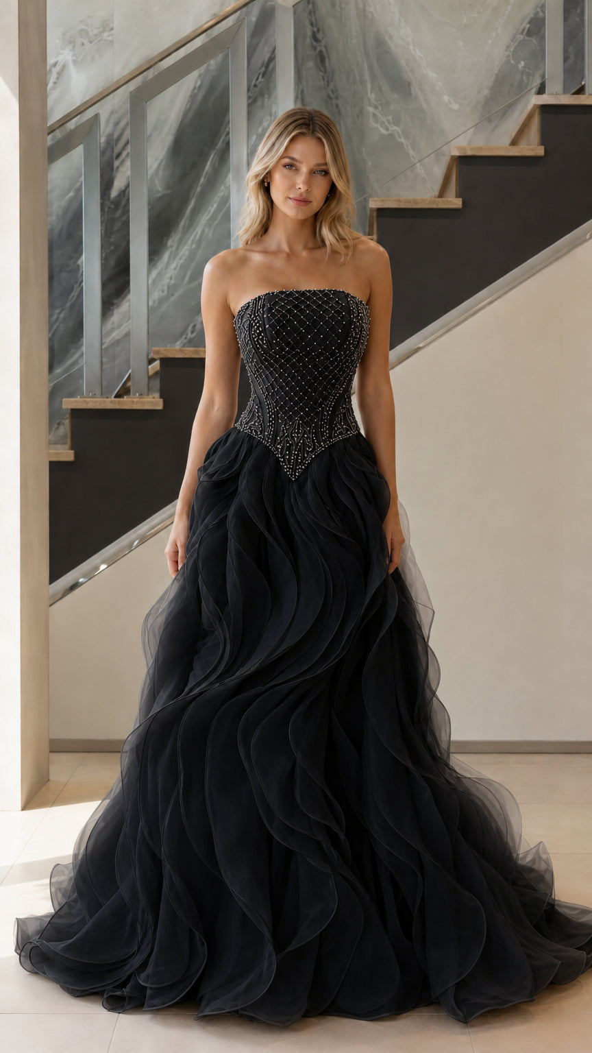 Front view of black strapless beaded basque waist ruffle ball gown