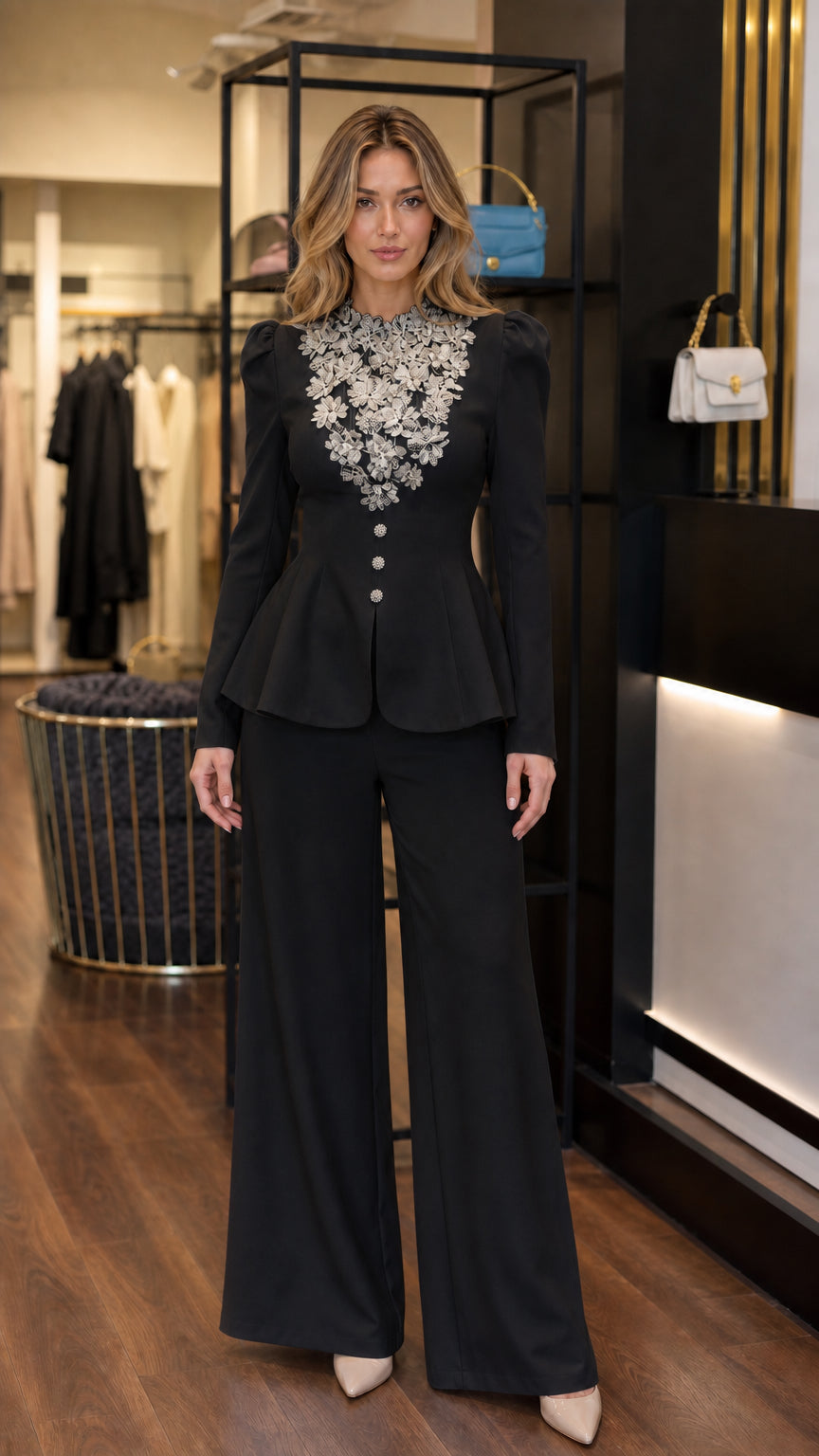 Black formal two-piece peplum pantsuit with floral lace applique