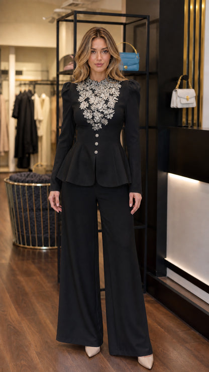 Black formal two-piece peplum pantsuit with floral lace applique