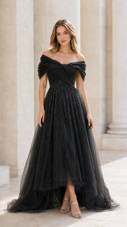 Black off-the-shoulder beaded high-low tulle formal dress