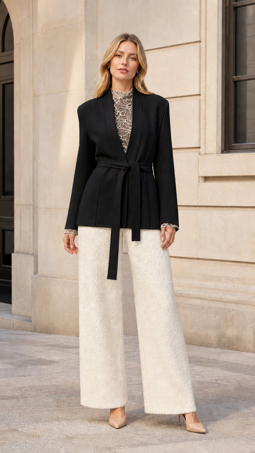 Front view of model wearing black belted tailored wrap blazer jacket