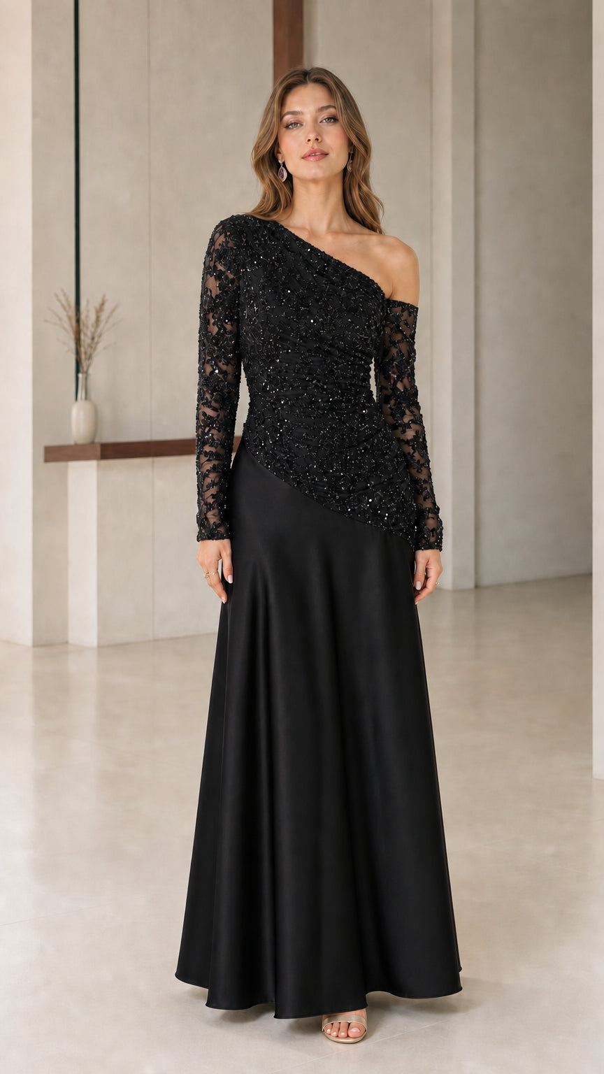 Black one-shoulder sequin lace and satin A-line formal gown