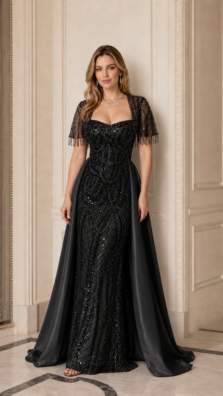 Black sequined evening gown with fringe sleeve detail and satin train