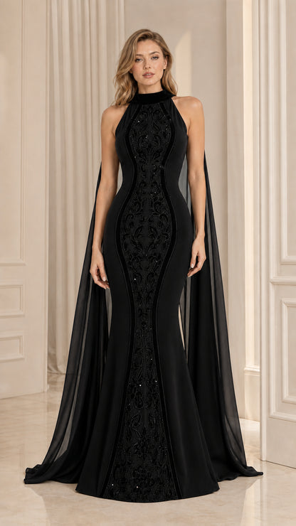 Black high neck mermaid formal evening gown with sheer shoulder cape