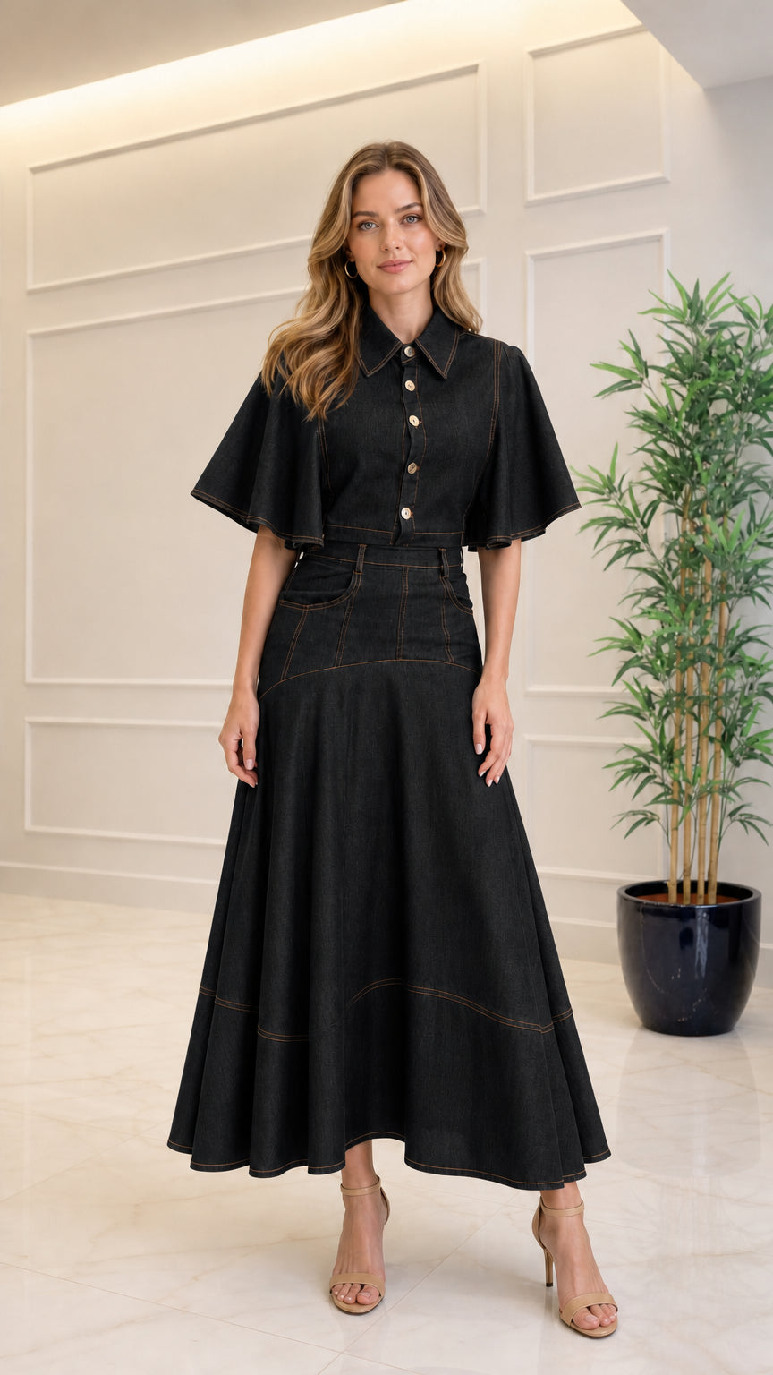 Full-length view of black collared flutter sleeve A-line maxi dress