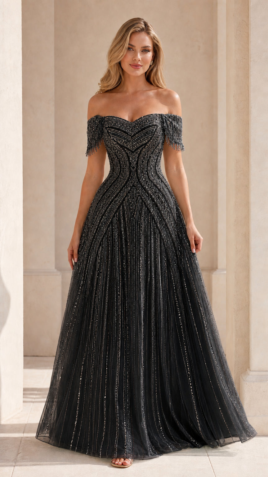 Black variant of off-the-shoulder evening gown