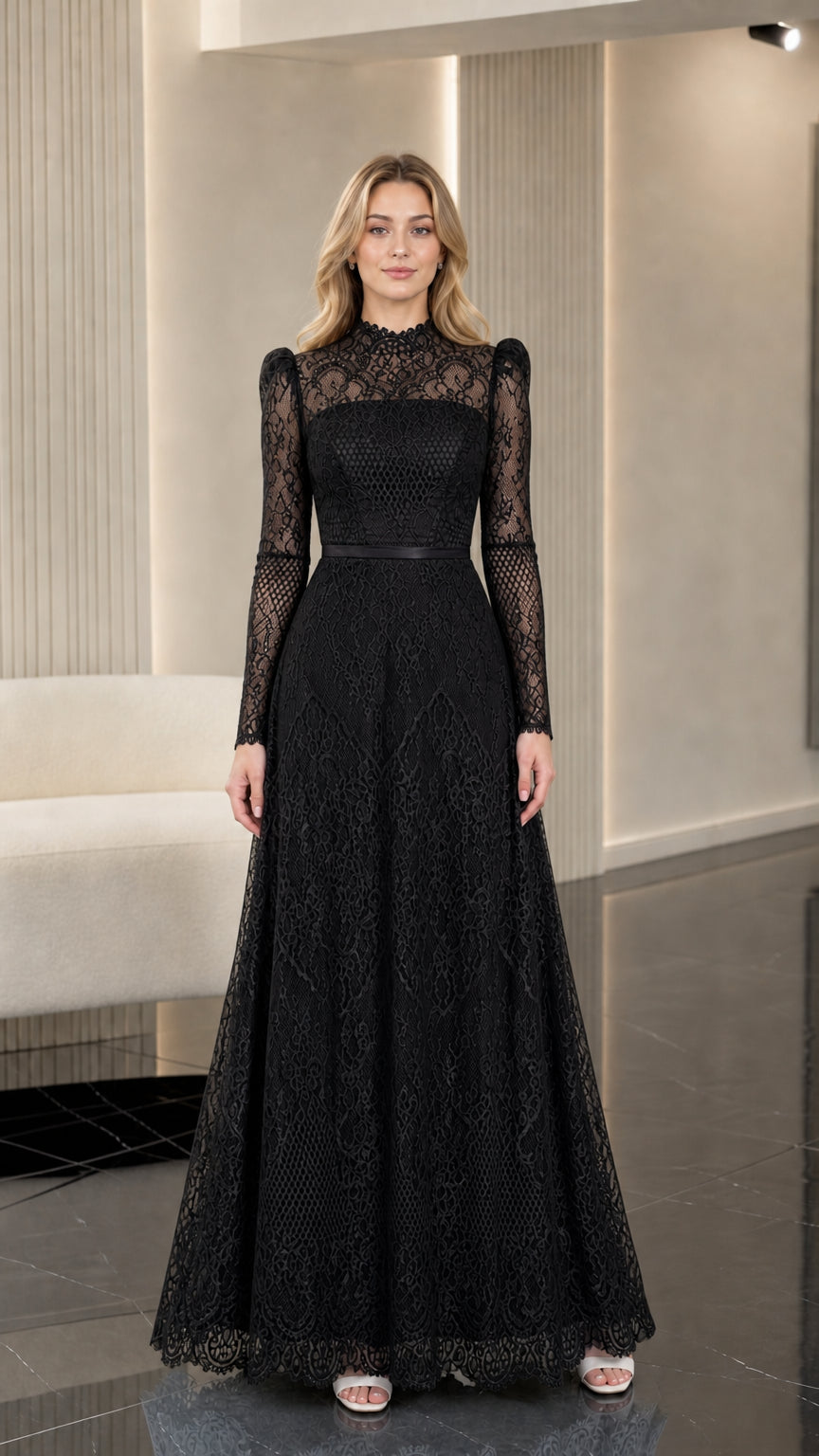 Full front view of black long sleeve lace formal gown