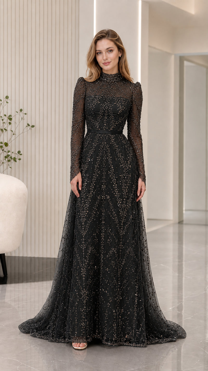 Black high neck long sleeve sequin formal evening gown front view