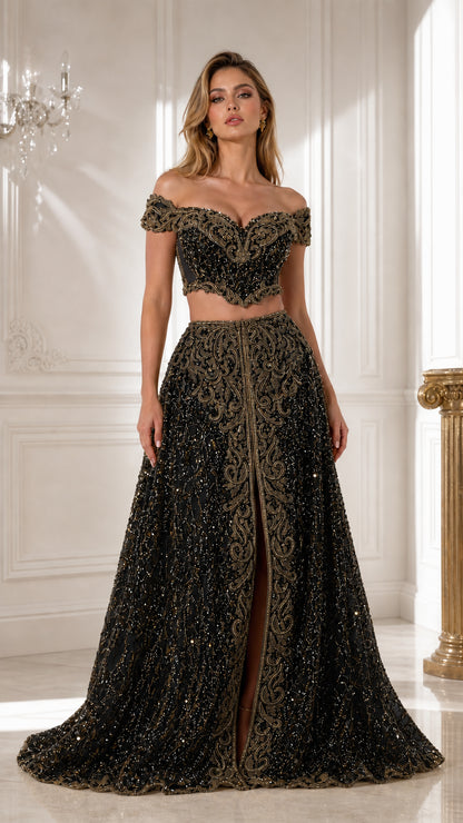 Front view of black beaded two-piece evening gown with front slit