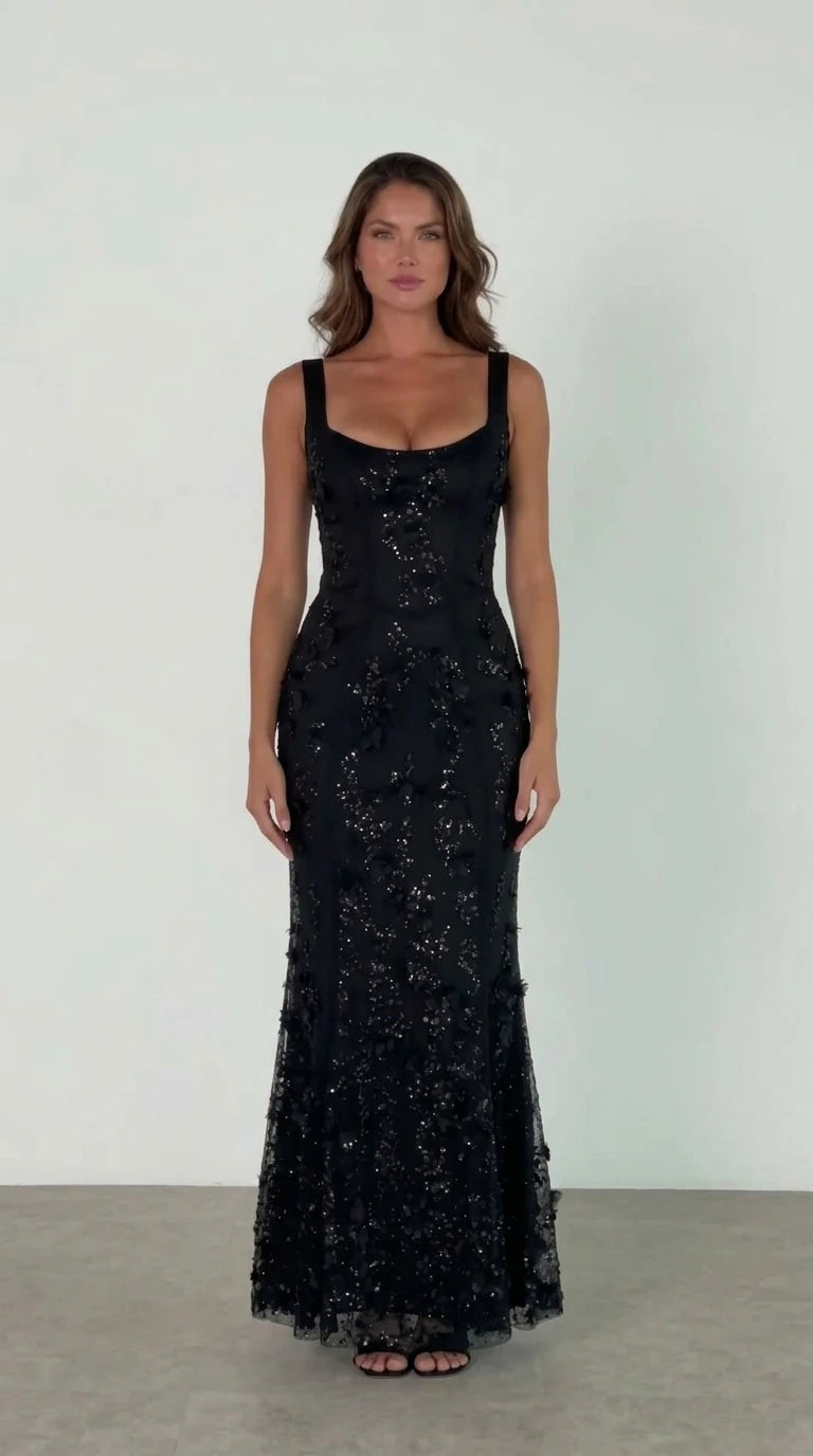 Black floral appliqué and sequin sleeveless evening maxi dress