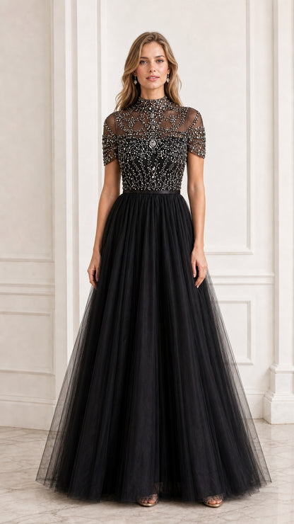 Black high neck beaded tulle formal evening maxi dress