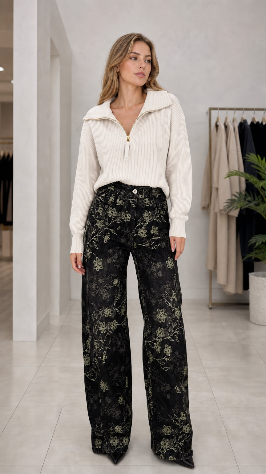Full front view of Black floral embroidered wide leg pants styled with white knit sweater